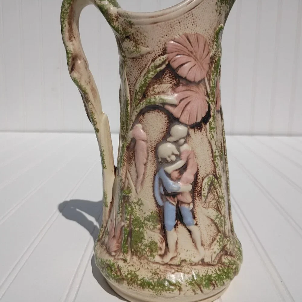 Vintage Handmade Pitcher Floral Relief Green Pink Majolica Style Victorian Vase